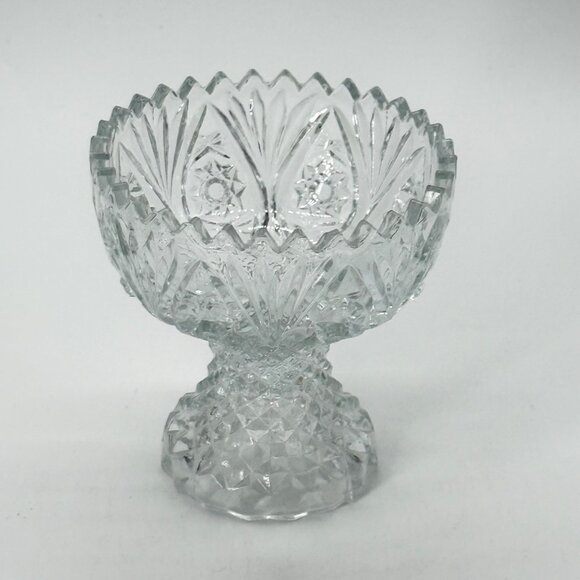 Vintage Footed Clear Cut Glass Bowl With Sawtooth Rim 5" Tall Heavy Decorative P - Picture 2 of 10